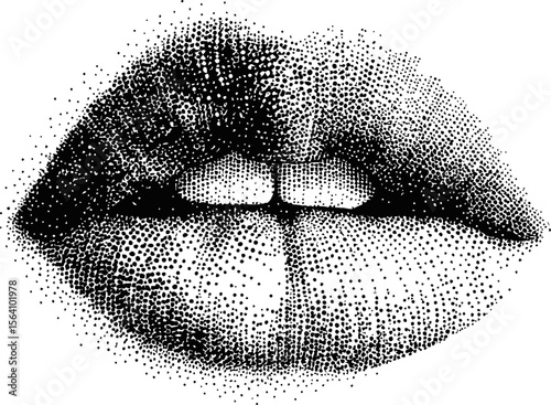 Black and white halftone close-up of lips in dot style. Vector illustration