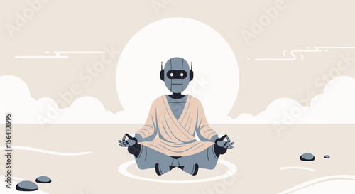 Zen Machine A Robot Meditating Contemplative Robotic Figure In A Serene Landscape
