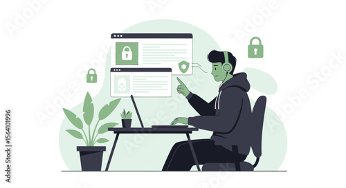 Young Programmer Securing Network Data With Encryption On Multiple Devices At Home