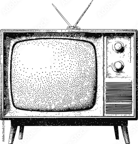 Vintage black and white retro television with static display sketch. Vector illustration