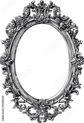 Intricately detailed baroque style oval frame in vintage black and white sketch. Vector illustration