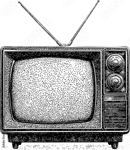 Vintage black and white illustration of an old television with antennas. Vector illustration in sketch style