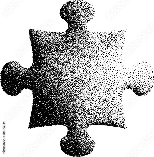 Black and white dotwork illustration of a single puzzle piece design drawing. Vector illustration in sketch style