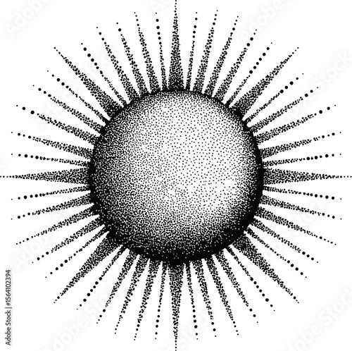 Detailed dotwork illustration of a radiant sun with beams and stippling effect. Vector illustration