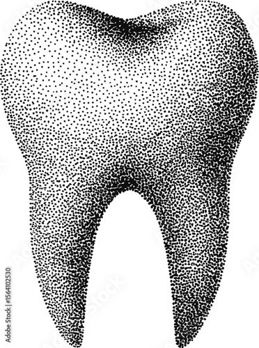 Stipple shading of a tooth in black and white showcasing dental art. Vector illustration in pointillism style