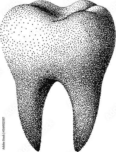 Pointillism illustration of a detailed tooth in black and white. Vector illustration