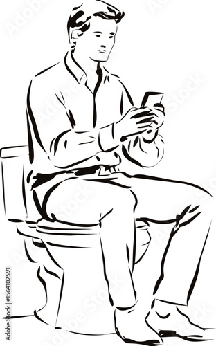 Man sitting on toilet using smartphone in monochrome line art. Vector illustration in sketch style
