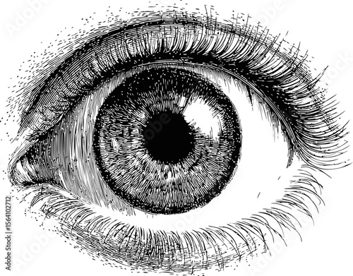 Detailed black and white illustration of a human eye in intricate ink style. Vector illustration in sketch style