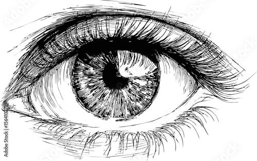 Detailed black and white sketch of a human eye with intricate linework. Vector illustration