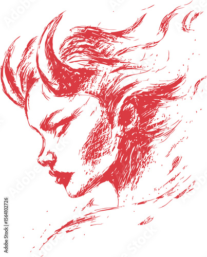 Red sketched demon portrait with flowing hair and expressive eyes, digital art. Vector illustration