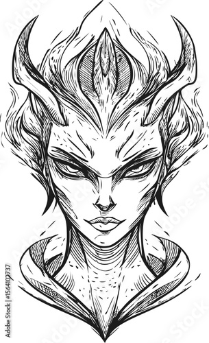 Monochrome illustration of a fierce horned creature with piercing gaze, fantasy art. Vector illustration in sketch style