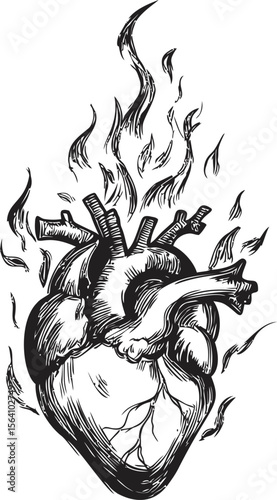 Heart on fire sketch with dynamic flames in black and white for tattoo design. Vector illustration