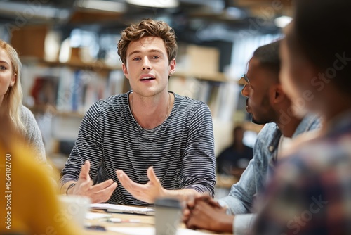 A young man passionately presents to a small, diverse group seated around a table in a bright, modern office.  His hands gesture emphatically, engaging his attentive listeners