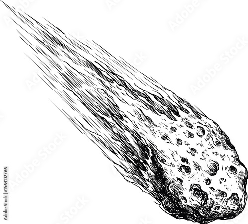Meteor with trailing flames sketched in monochrome, dynamic motion. Vector illustration