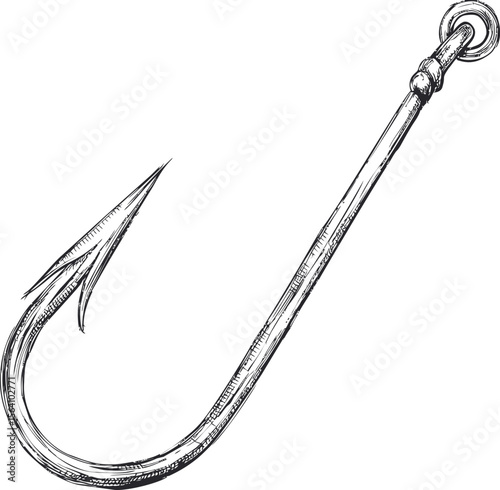 Detailed sketch of a sharp fish hook with barbed tip. Vector illustration