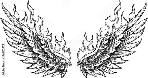 Intricate black and white illustration of fiery angel wings, concept art. Vector illustration in sketch style
