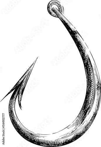Detailed black and white illustration of a sharp fish hook. Vector illustration in sketch style