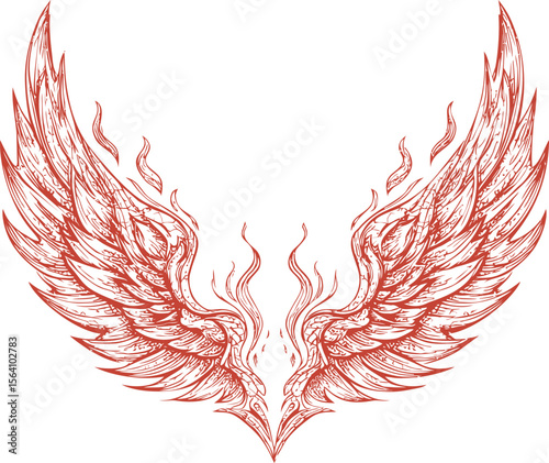 Intricate red symmetrical wings with flames, stylized tattoo design concept. Vector illustration in sketch style