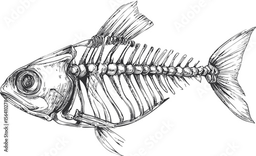 Detailed black and white drawing of a fish skeleton, artistic. Vector illustration in sketch style