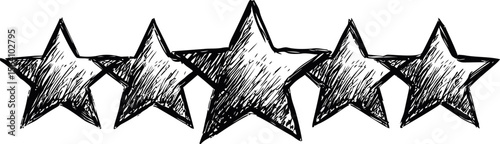 Five sketched black stars in a row for top rating. Vector illustration