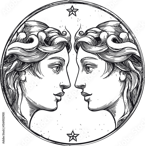 Vintage zodiac gemini symbol with mirrored faces in black and white. Vector illustration in sketch style