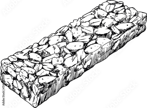 Illustration of a granola bar with visible nuts and grains in black and white. Vector illustration in sketch style
