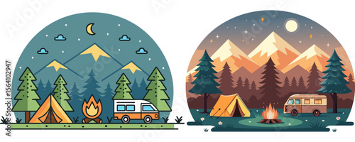 Cozy moonlit camping scene in forest with tents, campfire, and camper van under stars and pine trees, ideal for wilderness adventure backgrounds. Golden hour camping with glowing fire, tent, van etc