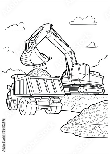 Line art illustration of an excavator loading dirt into a dump truck at a construction site