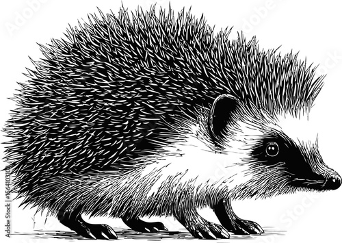 Detailed black and white illustration of a hedgehog with spiky fur. Vector illustration in sketch style