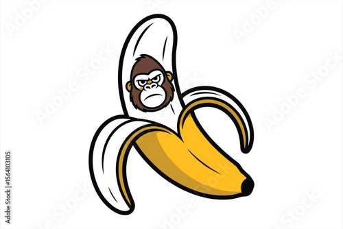 Stylized cartoon gorilla face peeking out of a peeled banana