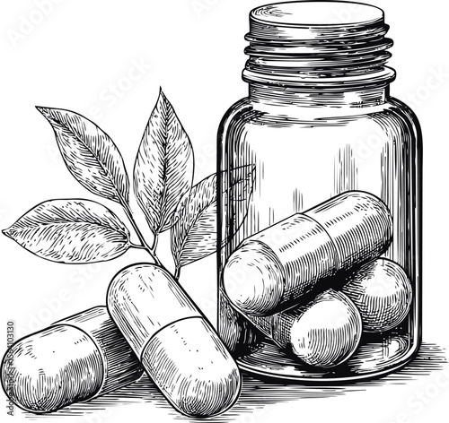 Sketch of a glass jar with capsules and leaves representing herbal medicine. Vector illustration