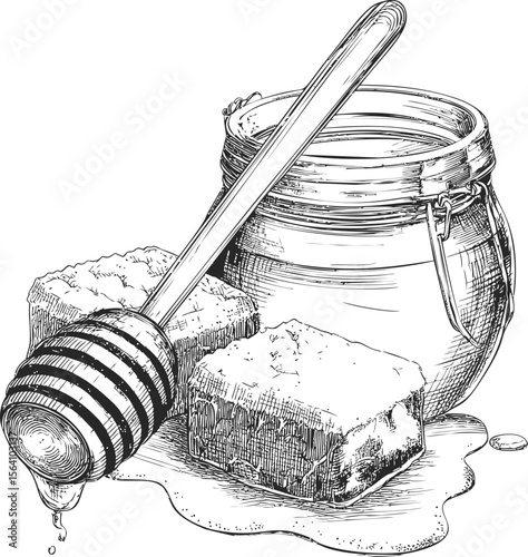 Detailed sketch of honey jar with dripping dipper and honeycomb pieces. Vector illustration