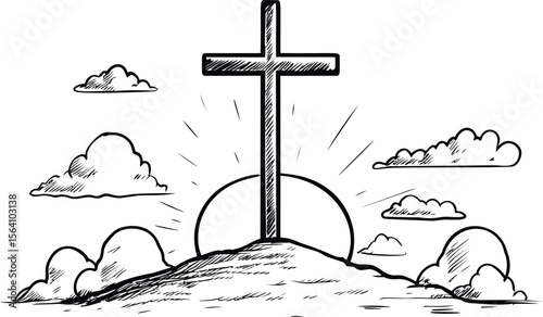Dramatic sunrise behind a cross on a hill with clouds, black and white. Vector illustration in sketch style