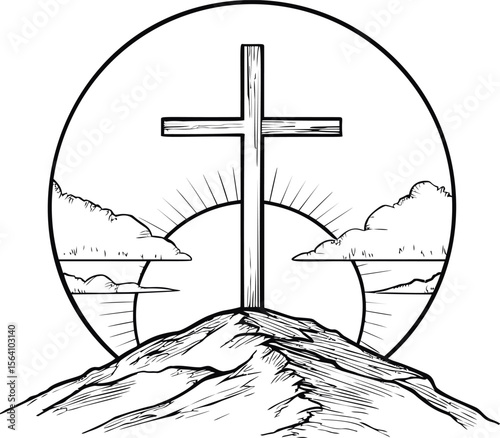 Wooden cross on hill with sunrise and clouds, line art drawing of faith concept. Vector illustration in sketch style