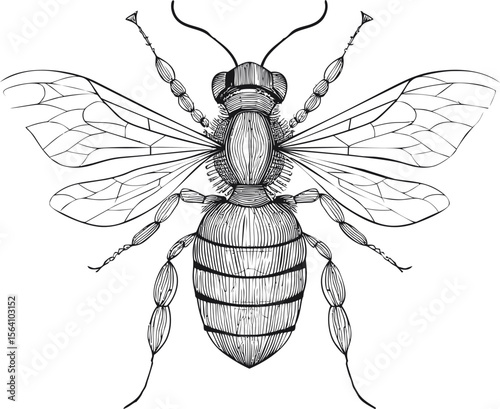 Detailed black and white illustration of a bee with intricate wing patterns. Vector illustration in sketch style