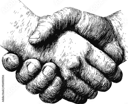 Detailed black and white sketch of a firm handshake, symbol of agreement. Vector illustration