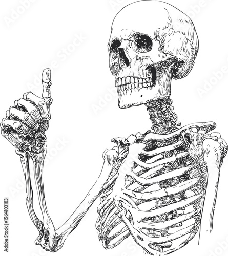 Detailed illustration of a human skeleton giving a thumbs-up gesture. Vector illustration in sketch style