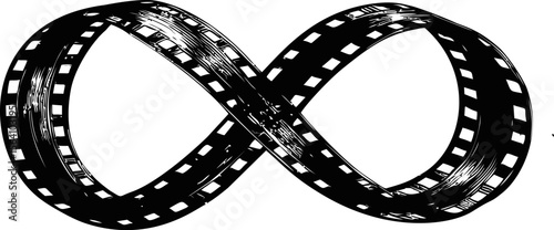 Black and white film strip twisted into a complex infinity symbol pattern. Vector illustration in sketch style