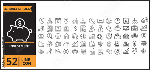 Investment Finance Money Line Icons Set - 52 Outline Vector Icons Collection
