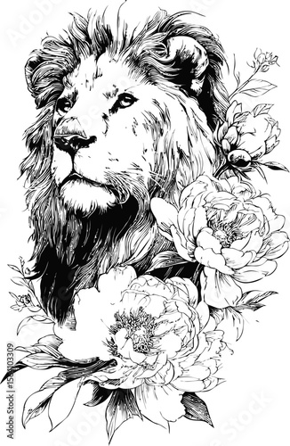 Ink drawing of a majestic lion with detailed peonies in monochrome. Vector illustration in sketch style