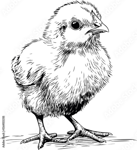 Detailed black and white sketch of a fluffy chick standing on a surface. Vector illustration
