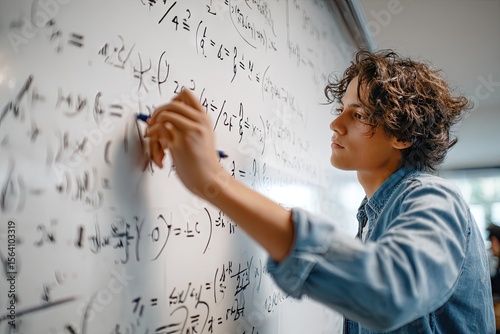 A young man with curly brown hair, wearing a denim shirt, intently solves complex mathematical equations on a large whiteboard, his focus evident in his concentrated expression