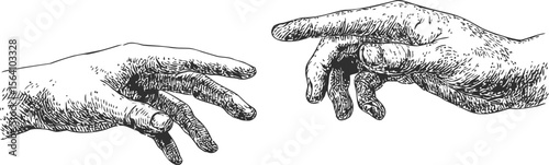 Detailed sketch of two hands reaching towards each other, concept of connection. Vector illustration