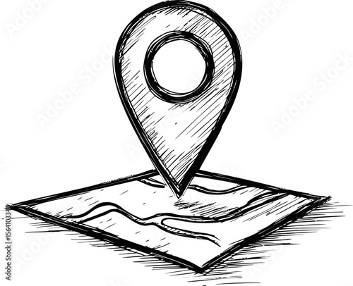Hand drawn map with location pin sketching in black and white, navigation concept. Vector illustration