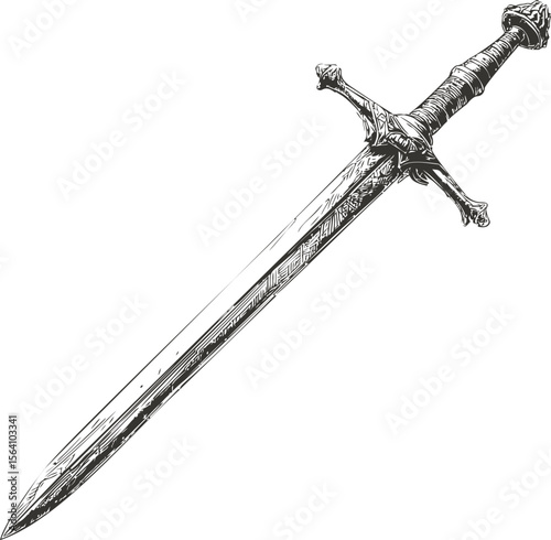 Intricate black and white illustration of a medieval sword with ornate details. Vector illustration in sketch style