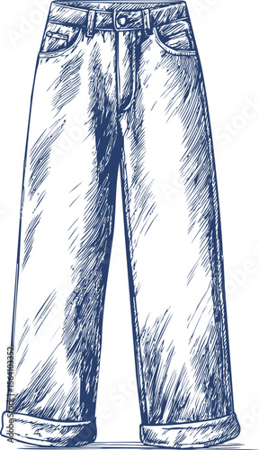 Illustrated sketch of denim jeans showcasing rolled cuffs and detailed stitching. Vector illustration