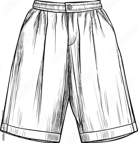 Black and white sketch of classic baggy shorts with button detail. Vector illustration