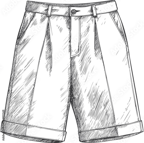 Detailed black and white sketch of bermuda shorts with intricate shading. Vector illustration