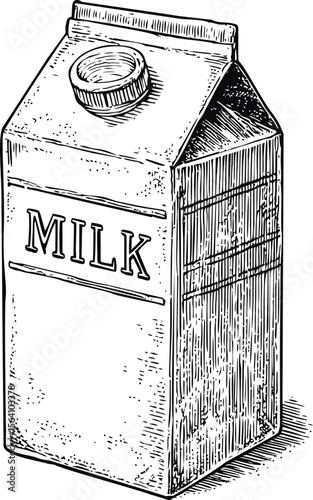 Black and white sketch of a milk carton with detailed shading. Vector illustration