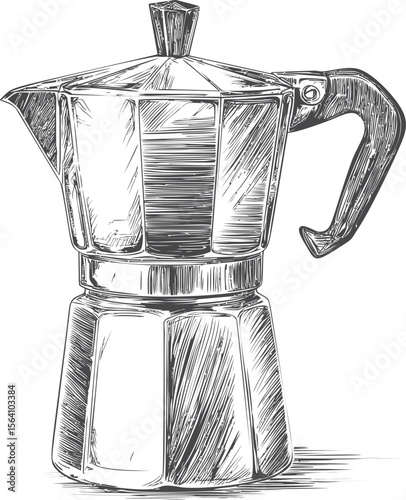 Hand-drawn moka pot illustration with detailed line art. Vector illustration in sketch style